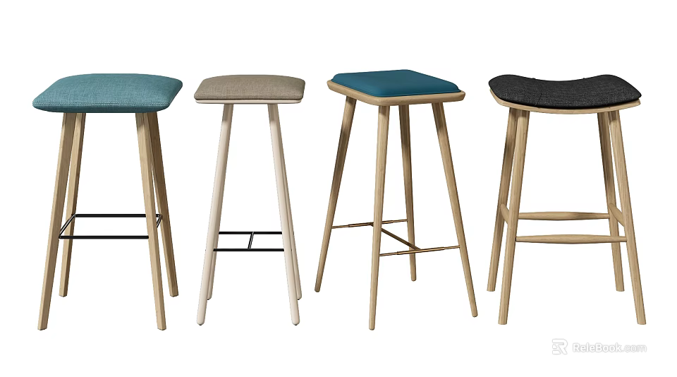 Modern Bar Stools With Blue Gray Black Upholstered Seats And Wooden Legs 3d model 