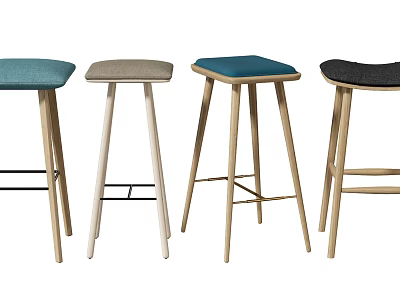 Modern Bar Stools With Blue Gray Black Upholstered Seats And Wooden Legs 3d model