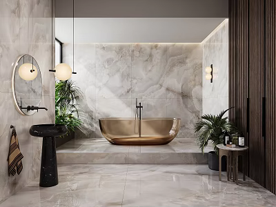 Modern Bathroom Interior Design Featuring Golden Bathtub Marble Walls Black Sink Round Mirror and Plants 3d model