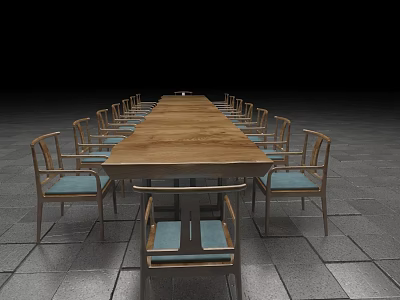 Simple Long Wooden Dining Table Set With Light Blue Cushioned Chairs On Gray Stone Floor 3d model
