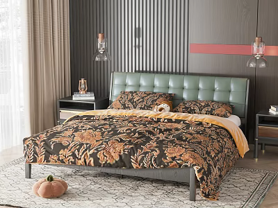 Double Bed with Green Leather Padded Headboard and Floral Patterned Duvet in Bedroom 3d model
