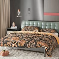 Double Bed with Green Leather Padded Headboard and Floral Patterned Duvet in Bedroom