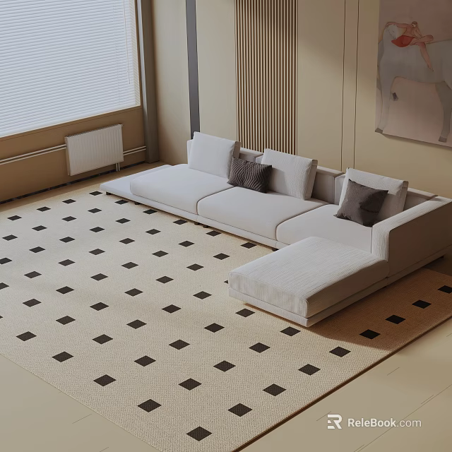 Light Three Seater Sofa With Cushions On Beige Rug Black Square Pattern Modern Living Room 3d model 