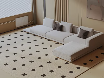 Light Three Seater Sofa With Cushions On Beige Rug Black Square Pattern Modern Living Room 3d model