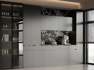 Modern Wine Cabinet Glass Door Wine Bottles Coffee Machine In Gray Kitchen Marble Backsplash 3d model
