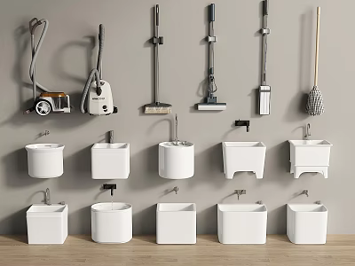 Bathroom Accessories Collection with Various Design Washbasins and Assorted Cleaning Tools 3d model