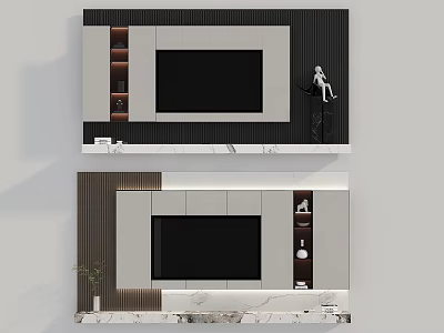 Modern TV Wall Design With Wooden Panels Marble Accents And Decorative Shelves 3d model
