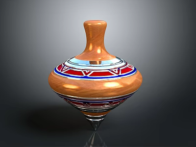 Decorative Wooden Spinning Top Featuring Colorful Red Blue White Patterns And Metal Base 3d model