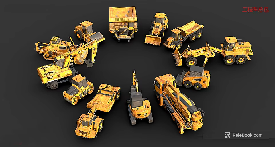 Various Yellow Construction Functional Vehicles Including Bulldozers Loaders Arranged In Circle 3d model 