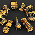 Various Yellow Construction Functional Vehicles Including Bulldozers Loaders Arranged In Circle