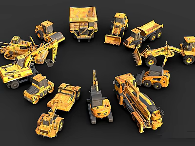 Various Yellow Construction Functional Vehicles Including Bulldozers Loaders Arranged In Circle 3d model