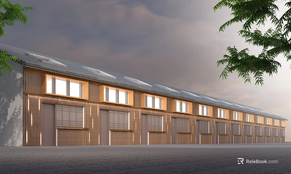 Modern Commercial Complex With Wooden Facade Large Windows Multi Unit And Greenery 3d model 