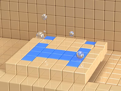 Modern Beige Cube Wall Floor Design With Light Platform Blue Pattern And Transparent Spheres 3d model