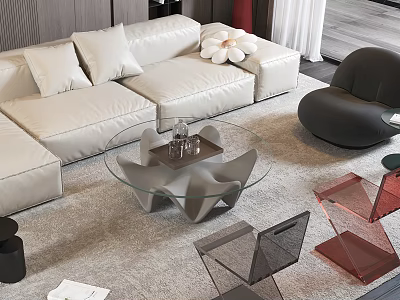 Modern Leather Sofa And Glass Coffee Table Set In Contemporary Living Room Design 3d model
