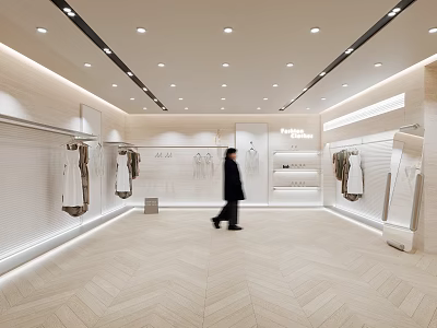 Fashion Clothing Store Interior Featuring Bright Lighting Herringbone Floor Displayed Clothes And Person Walking 3d model