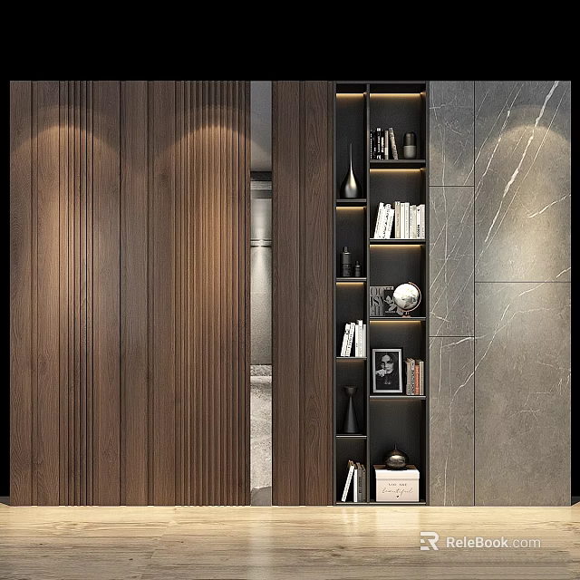 Modern Home Interior Storage Shelf With Books Decorations Wooden And Stone Wall Panels 3d model 