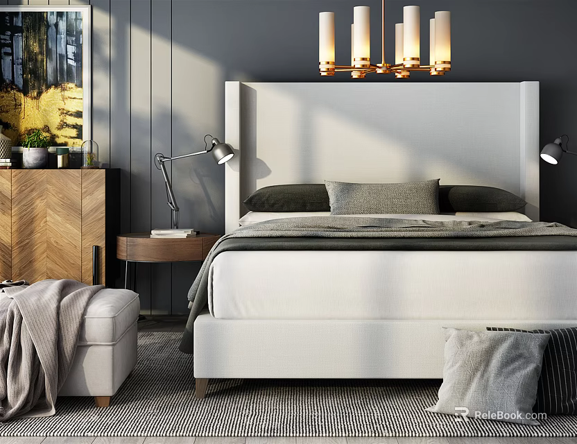 Modern Double Bed with White Headboard Nightstands Table Lamps Wall Art and Geometric Rug 3d model 