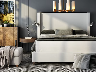Modern Double Bed with White Headboard Nightstands Table Lamps Wall Art and Geometric Rug 3d model