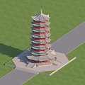 Traditional Chinese Pagoda Multiple Tiers Ornate Eaves Red Gray Green Lawn Square Blue Sky Background