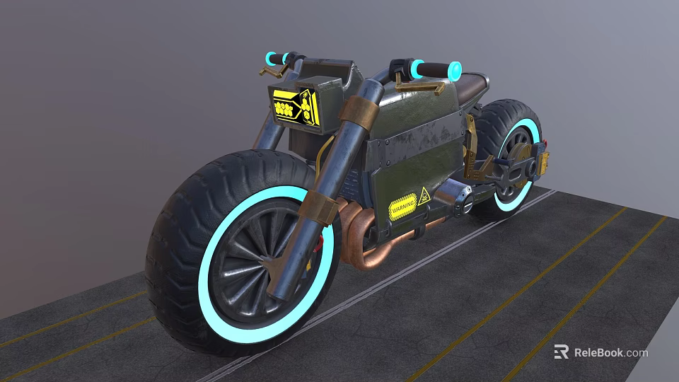 Futuristic Cyberpunk Motorcycle With Neon Wheels Blue Handlebars Yellow Stickers And Copper Exhaust 3d model 