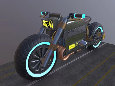 Futuristic Cyberpunk Motorcycle With Neon Wheels Blue Handlebars Yellow Stickers And Copper Exhaust 3d model