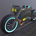 Futuristic Cyberpunk Motorcycle With Neon Wheels Blue Handlebars Yellow Stickers And Copper Exhaust