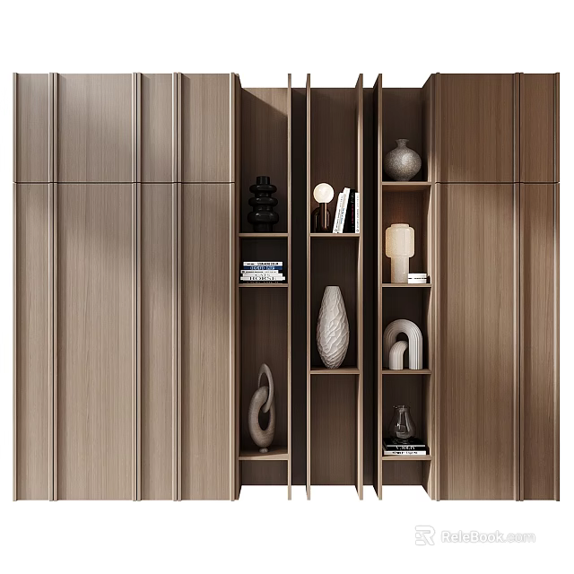 Modern Wooden Bookcase With Open Shelf Design Decorative Vases Books And Table Lamp 3d model 