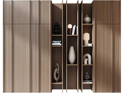 Modern Wooden Bookcase With Open Shelf Design Decorative Vases Books And Table Lamp 3d model