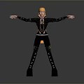 3D Character Model With Orange Hair Black Outfit Gold Accents And Arms Outstretched