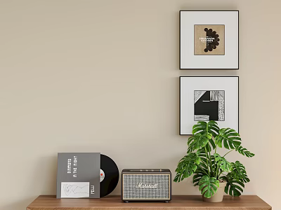 Beige Wall Interior With Two Framed Artworks Wooden Table Vinyl Record Radio And Monstera Plant 3d model