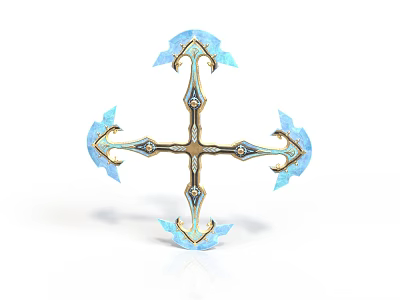 Ornate Cross Shaped Weapon With Blue Decorative Wings And Golden Accents 3d model