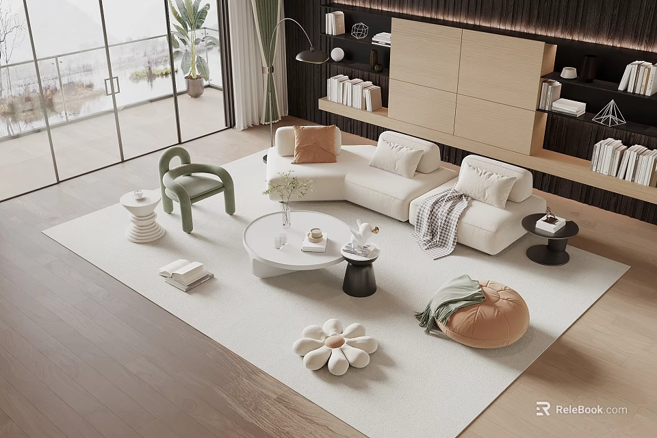 Modern Living Room Sofa Coffee Table Set With Green Chair White Rug And Decorative Pillows 3d model 