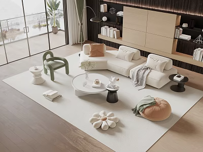 Modern Living Room Sofa Coffee Table Set With Green Chair White Rug And Decorative Pillows 3d model