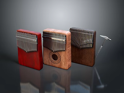 Three Different Colored Wooden Kalimba Musical Instruments With Decorative Patterns And Small Hammer 3d model