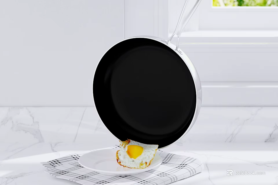 Sunny Side Up Fried Egg on White Plate with Frying Pan and Marble Countertop 3d model 