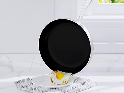 Sunny Side Up Fried Egg on White Plate with Frying Pan and Marble Countertop 3d model