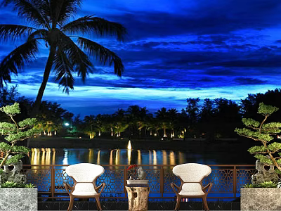 Outdoor Leisure Sofa Set With Lake View Palm Tree And Night Sky Scene 3d model