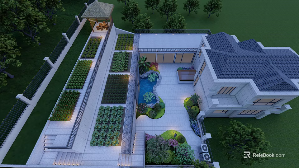 Modern Courtyard Garden Landscape With Pond Pavilion Plant Beds And Stone Path 3d model 