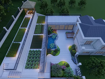 Modern Courtyard Garden Landscape With Pond Pavilion Plant Beds And Stone Path 3d model
