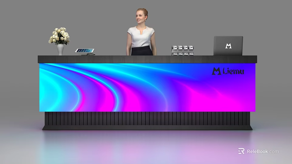 Modern Reception Desk with Colorful Wave Lighting Receptionist Flower Vase Tablet Laptop and Likemat Logo 3d model 