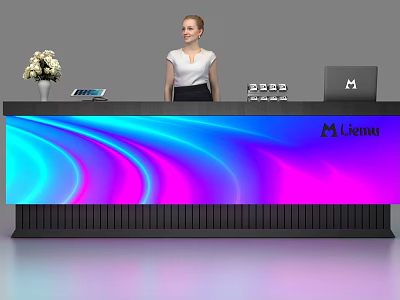 Modern Reception Desk with Colorful Wave Lighting Receptionist Flower Vase Tablet Laptop and Likemat Logo 3d model
