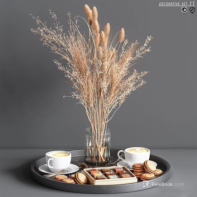Coffee Cookies And Desserts On Black Tray With Dried Flowers 3d model 