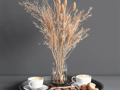 Coffee Cookies And Desserts On Black Tray With Dried Flowers 3d model