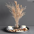 Coffee Cookies And Desserts On Black Tray With Dried Flowers