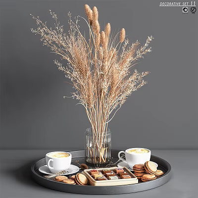 Coffee Cookies And Desserts On Black Tray With Dried Flowers 3d model Coffee Cookies And Desserts On Black Tray With Dried Flowers 3d model