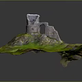 Cartoon Scene With Ruined Stone Tower On Green Grass Hill And Rocks
