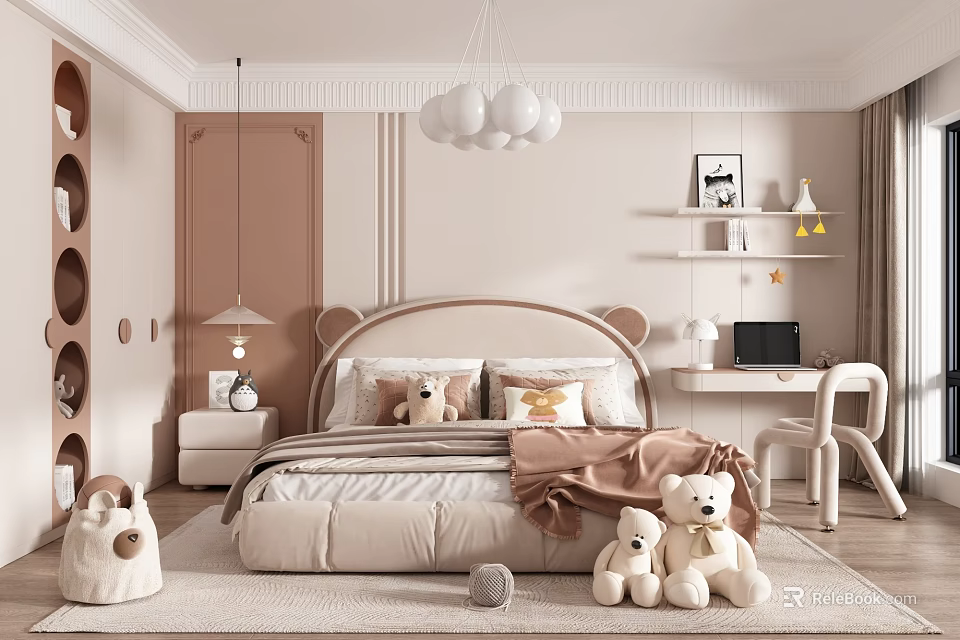Cozy Kids Room Interior With Teddy Bear Headboard Plush Toys Desk Shelves And Pendant Lights 3d model 