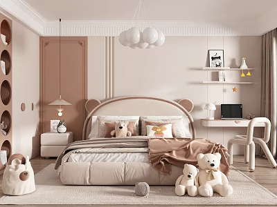 Cozy Kids Room Interior With Teddy Bear Headboard Plush Toys Desk Shelves And Pendant Lights 3d model