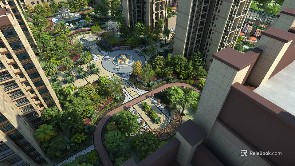 Urban Garden Landscape With Tall Buildings Lush Greenery Pathways And Water Fountain 3d model 
