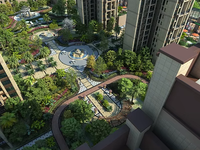 Urban Garden Landscape With Tall Buildings Lush Greenery Pathways And Water Fountain 3d model